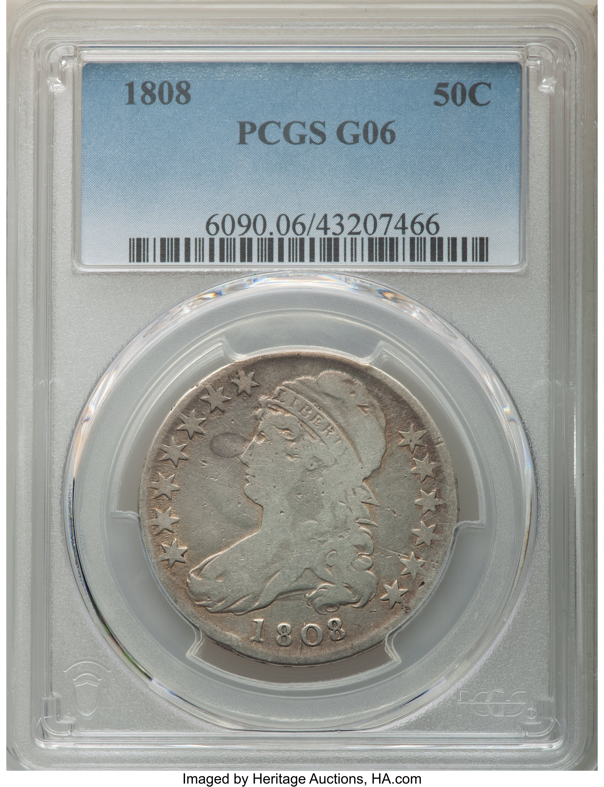 1808 50C Good 6 PCGS. PCGS Population: (16/1048). NGC Census: (15/454). CDN: $75 Whsle. Bid for NGC/PCGS Good 6 . Mintage 1...