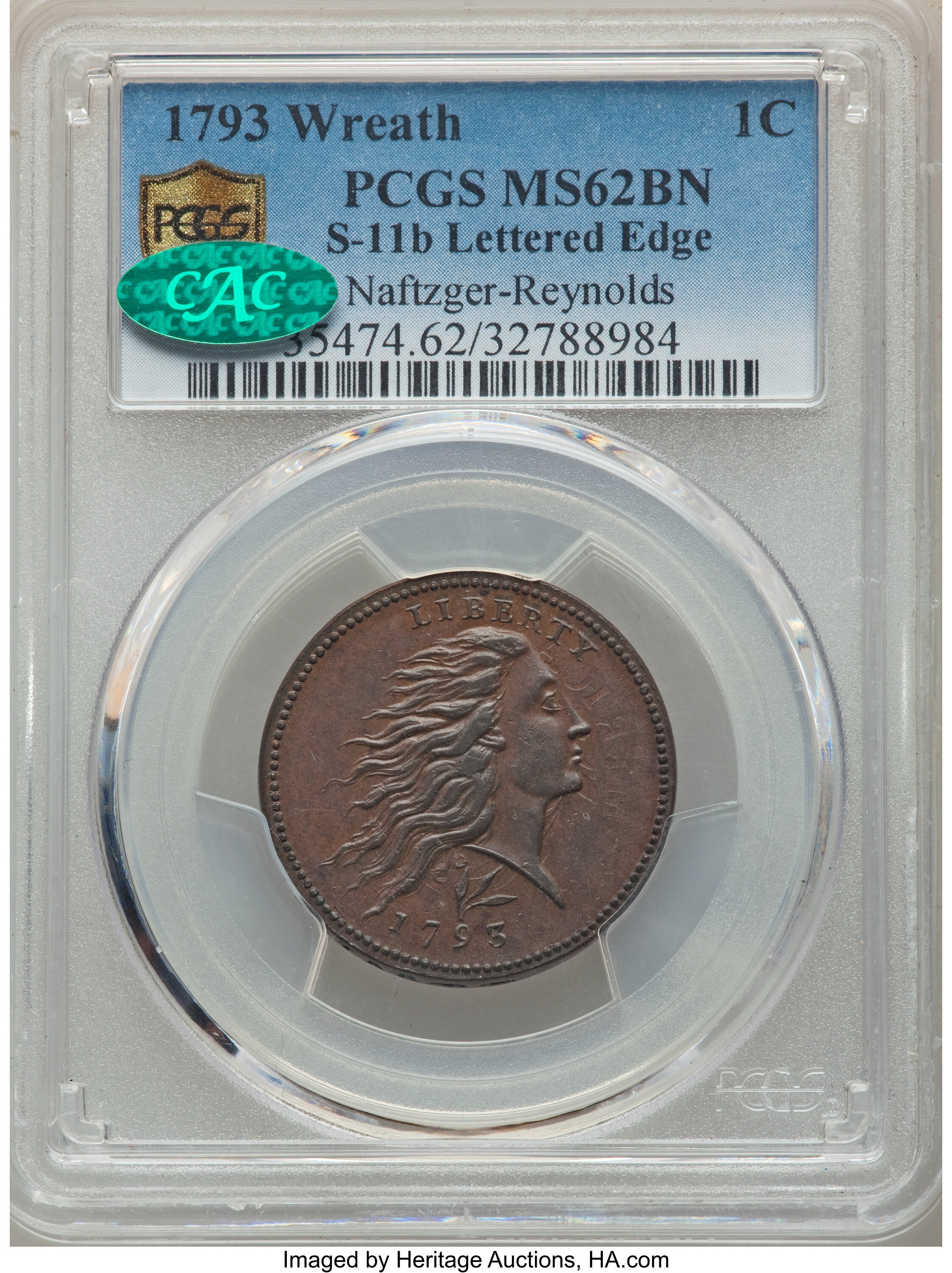 image for: 1793 1C Wreath, Lettered Edge, S-11b, B-16b, R.4, MS62 Brown PCGS. CAC....