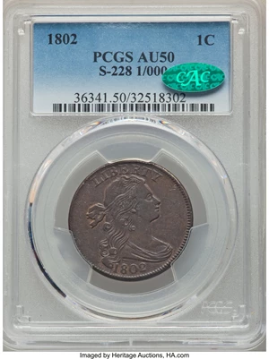 image for: 1802 1C 1/000, S-228, B-4, R.2, AU50 PCGS. CAC....