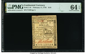 image for: Continental Currency February 17, 1776 $1/6 PMG Choice Uncirculated 64 EPQ....