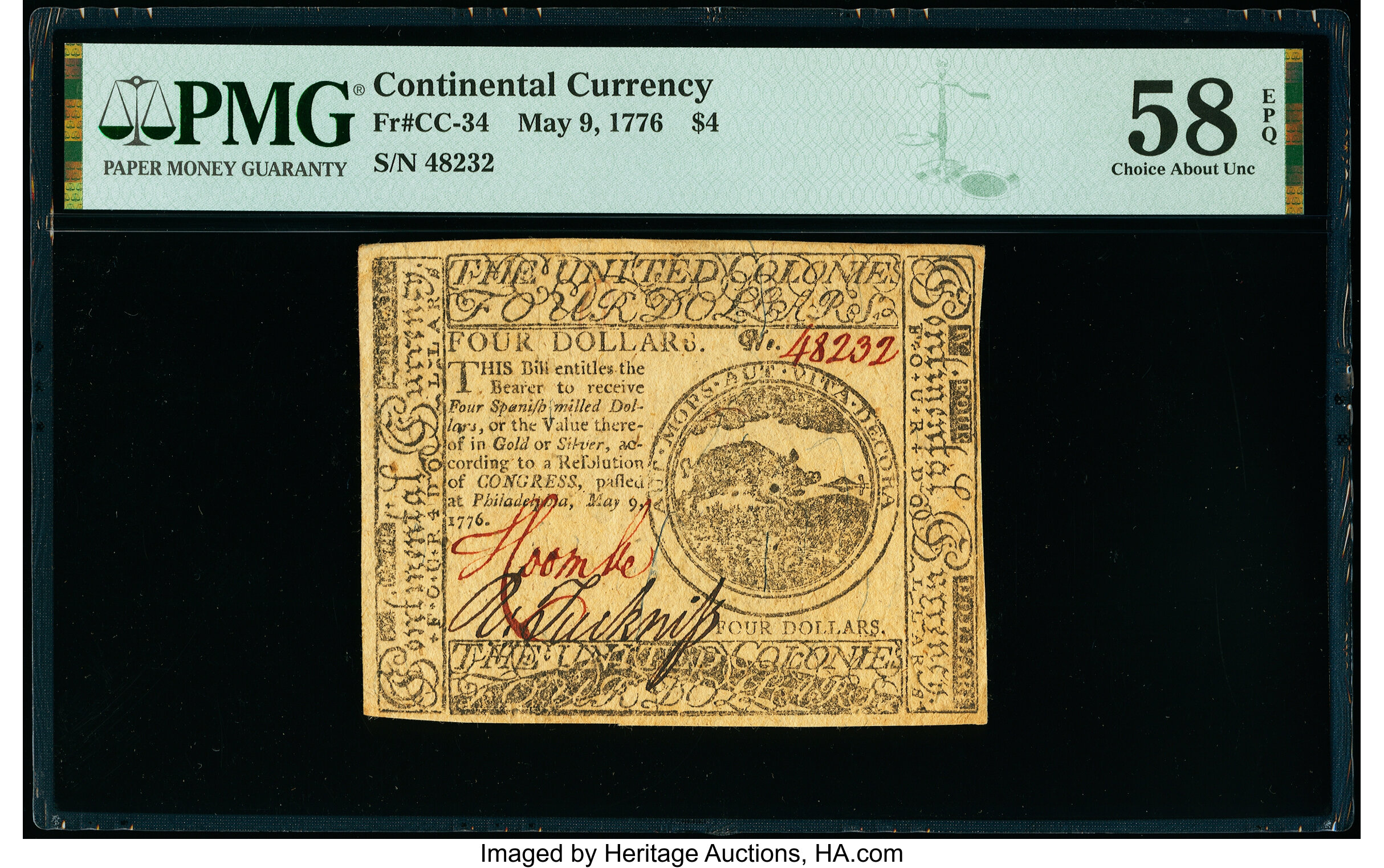 image for: Continental Currency May 9, 1776 $4 PMG Choice About Unc 58 EPQ....