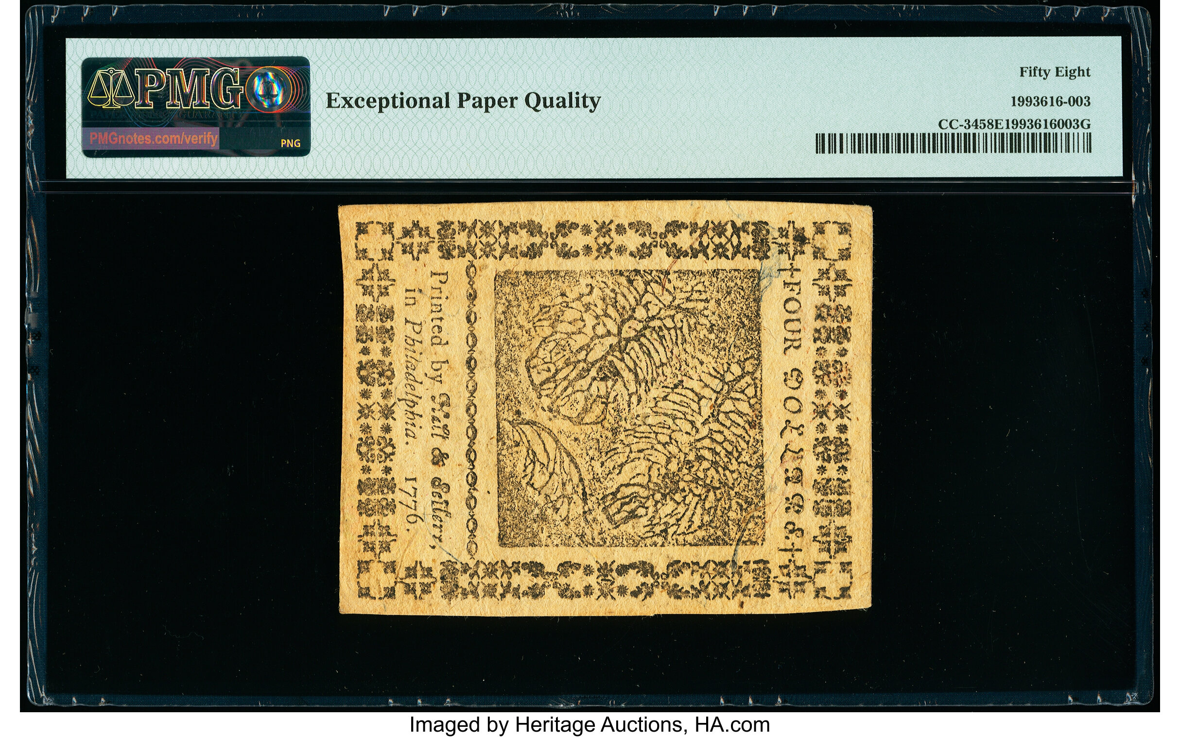 image for: Continental Currency May 9, 1776 $4 PMG Choice About Unc 58 EPQ....