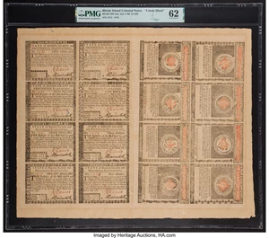 image for: Rhode Island July 2, 1780 Uncut Double Pane Sheet of $1-$2-$3-$4-$5-$7-$8-$20 PMG Uncirculated 62....