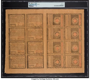 image for: Rhode Island July 2, 1780 Uncut Double Pane Sheet of $1-$2-$3-$4-$5-$7-$8-$20 PMG Uncirculated 62....