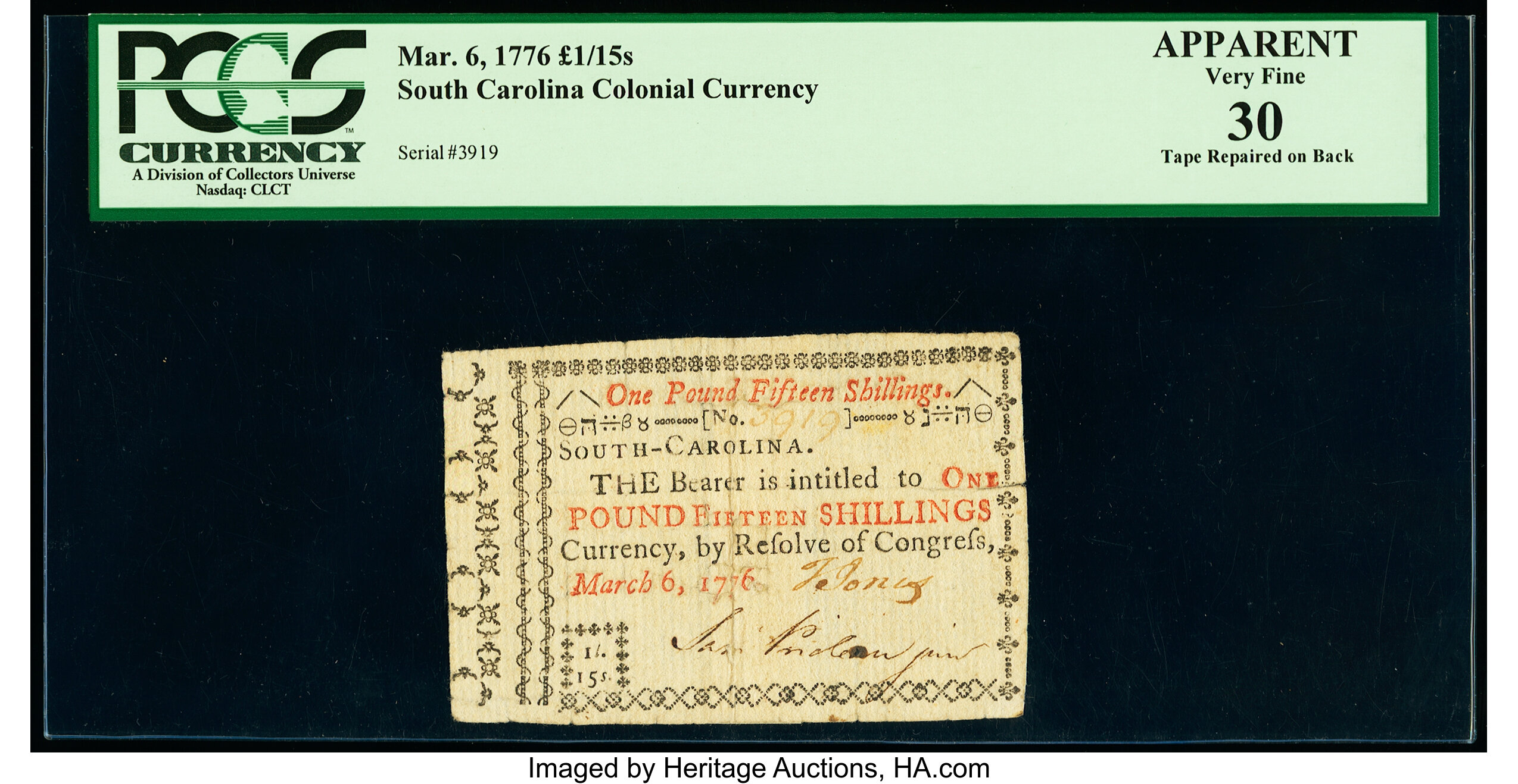 image for: South Carolina March 6, 1776 £1 15s PCGS Apparent Very Fine 30....