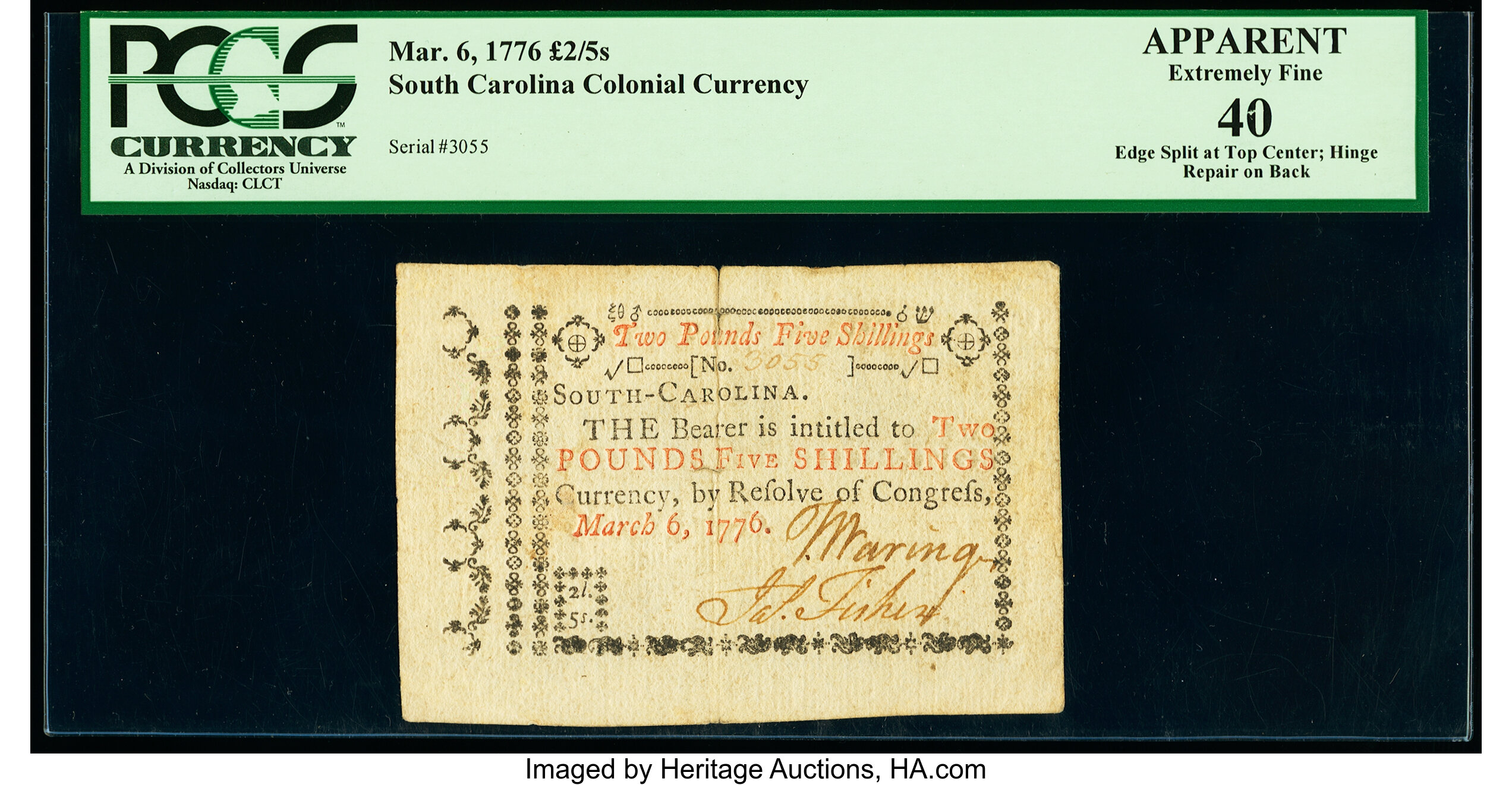 image for: South Carolina March 6, 1776 £2 5s PCGS Apparent Extremely Fine 40....