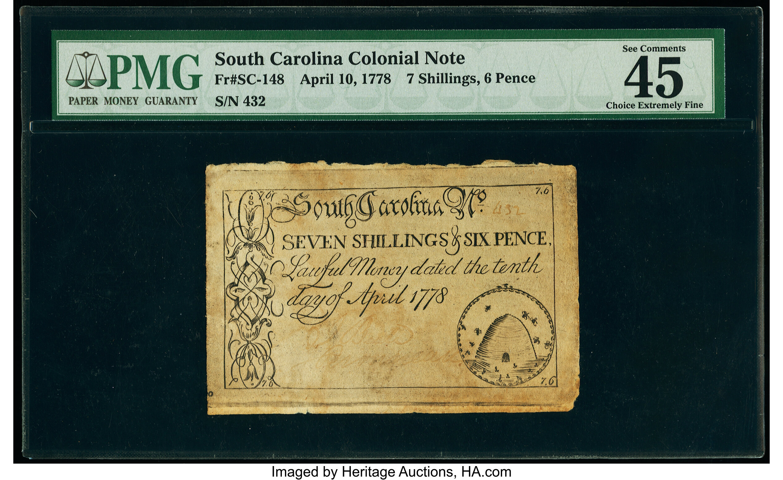 image for: South Carolina April 10, 1778 7s 6d PMG Choice Extremely Fine 45....