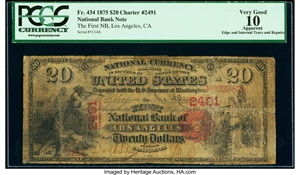 image for: Los Angeles, CA - $20 1875 Fr. 434 The First National Bank Ch. # 2491 PCGS Apparent Very Good 10....