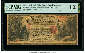 image for: San Francisco, CA - $5 1870 Fr. 1136 The First National Gold Bank Ch. # 1741 PMG Fine 12....