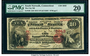 image for: South Norwalk, CT - $10 1875 Fr. 420 The City National Bank Ch. # 2643 PMG Very Fine 20....