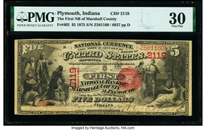 image for: Plymouth, IN - $5 1875 Fr. 402 The First National Bank of Marshall County Ch. # 2119 PMG Very Fine 30....