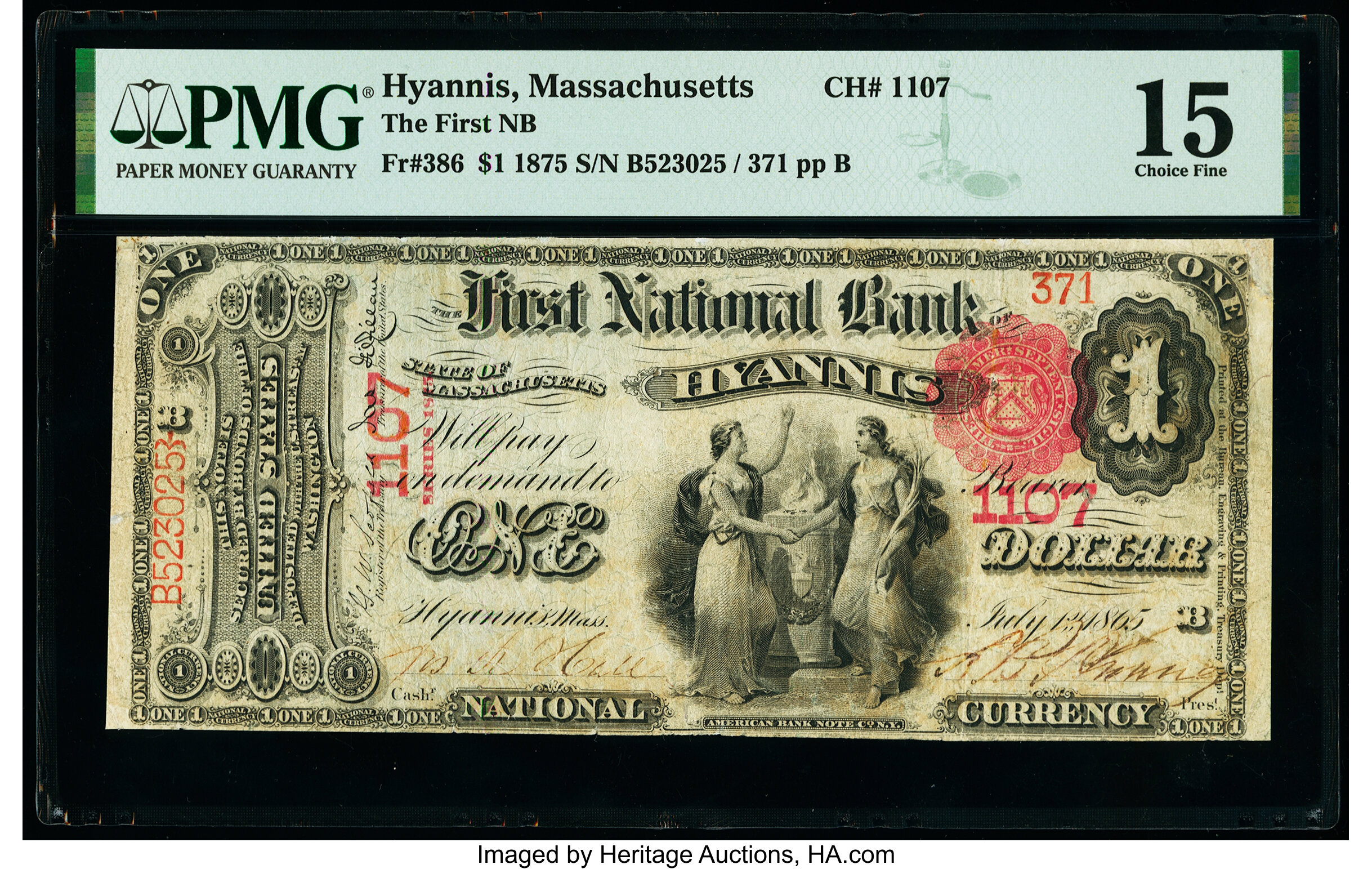 image for: Hyannis, MA - $1 1875 Fr. 386 The First National Bank Ch. # 1107 PMG Choice Fine 15....