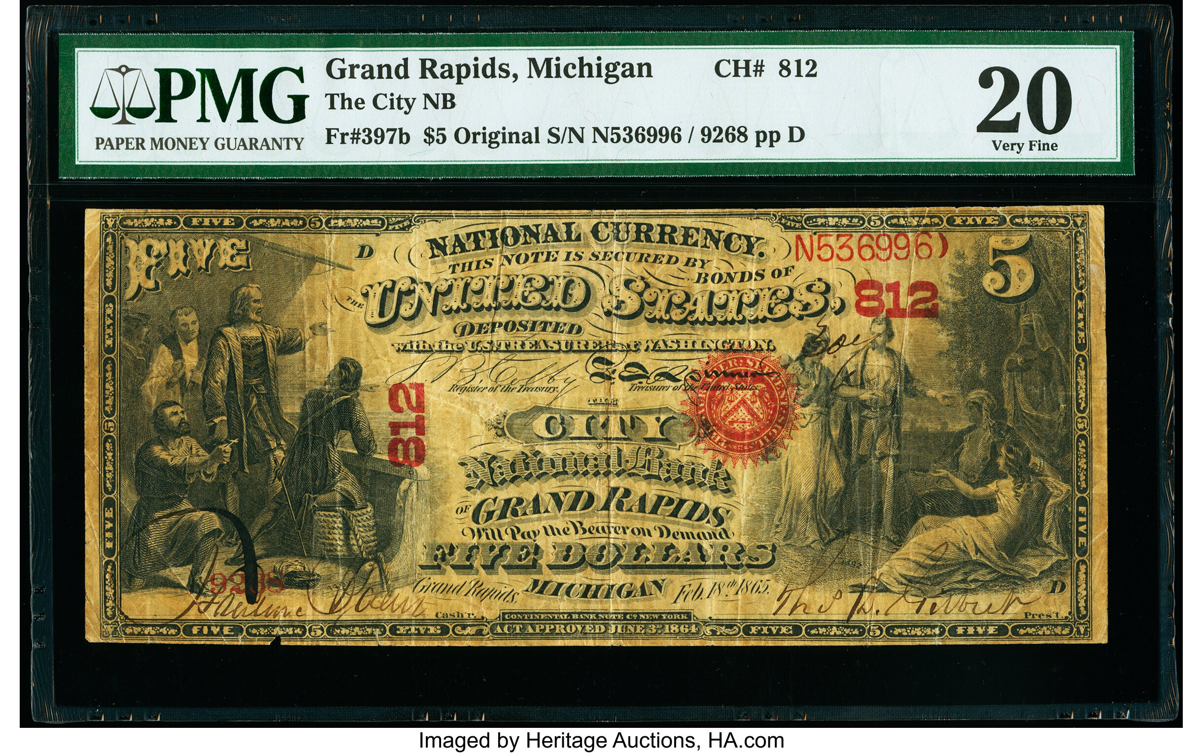 image for: Grand Rapids, MI - $5 Original Fr. 397b The City National Bank Ch. # 812 PMG Very Fine 20....