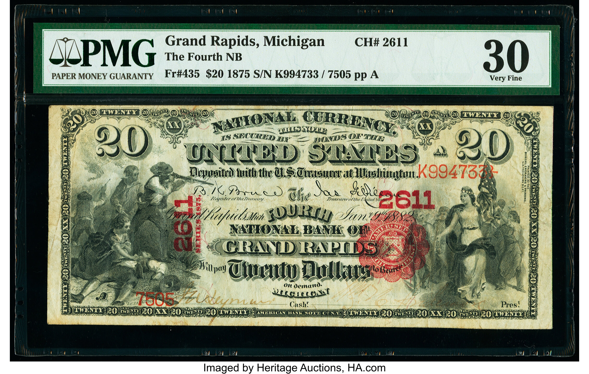 image for: Grand Rapids, MI - $20 1875 Fr. 435 The Fourth National Bank Ch. # 2611 PMG Very Fine 30....