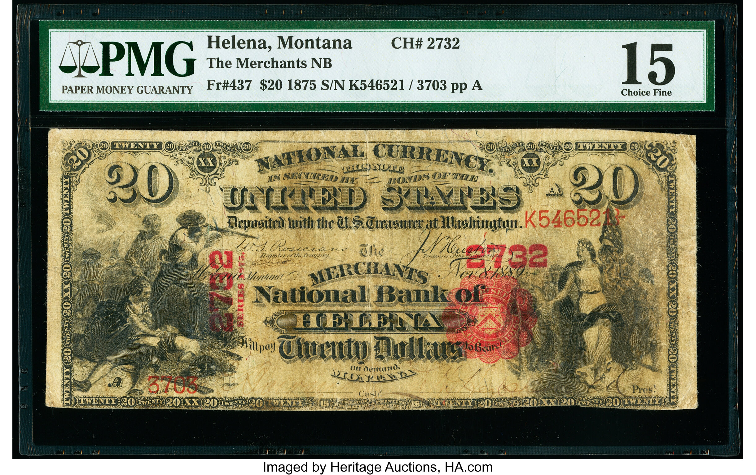 image for: Helena, MT - $20 1875 Fr. 437 The Merchants National Bank Ch. # 2732 PMG Choice Fine 15....