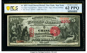 image for: New York, NY - $5 1875 Fr. 403 The Chase National Bank Ch. # 2370 PCGS Banknote Uncirculated 62 PPQ....