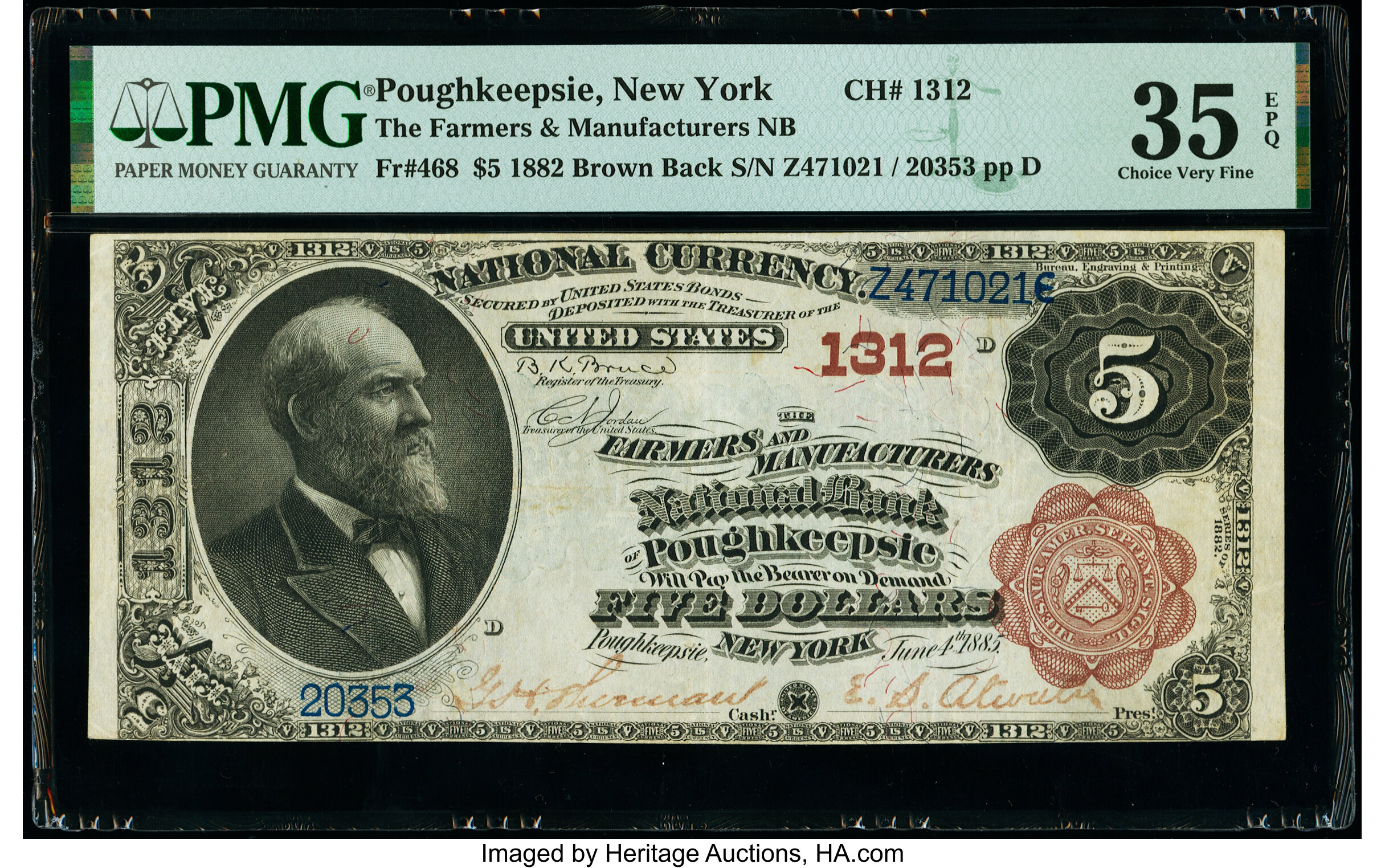 image for: Poughkeepsie, NY - $5 1882 Brown Back Fr. 468 The Farmers & Manufacturers National Bank Ch. # 1312 PMG Choice Very Fine 35 EPQ...