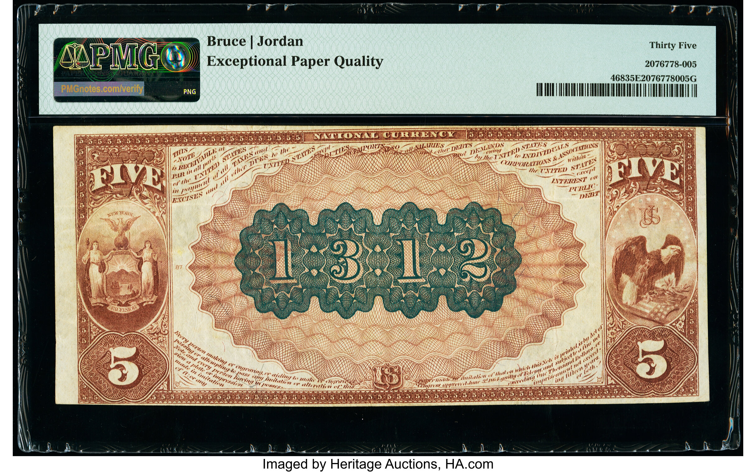 image for: Poughkeepsie, NY - $5 1882 Brown Back Fr. 468 The Farmers & Manufacturers National Bank Ch. # 1312 PMG Choice Very Fine 35 EPQ...