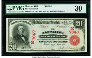 image for: Monroe, OH - $20 1902 Red Seal Fr. 640 The Monroe National Bank Ch. # (M)7947 PMG Very Fine 30....
