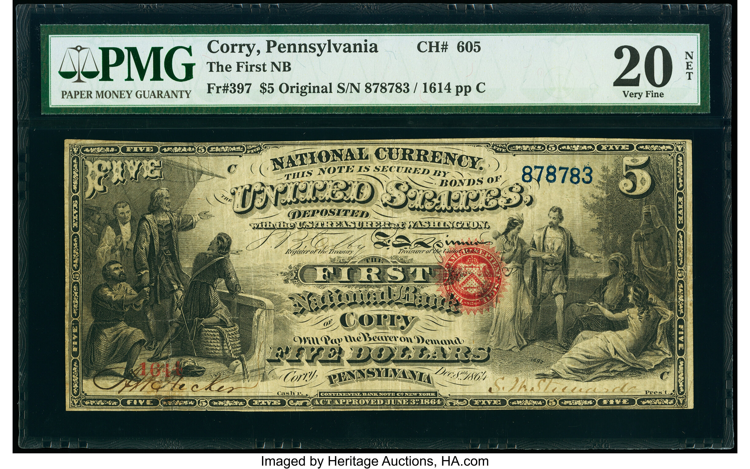 image for: Corry, PA - $5 Original Fr. 397 The First National Bank Ch. # 605 PMG Very Fine 20 Net....