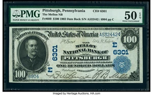 image for: Pittsburgh, PA - $100 1902 Date Back Fr. 689 The Mellon National Bank Ch. # (E)6301 PMG About Uncirculated 50 EPQ....
