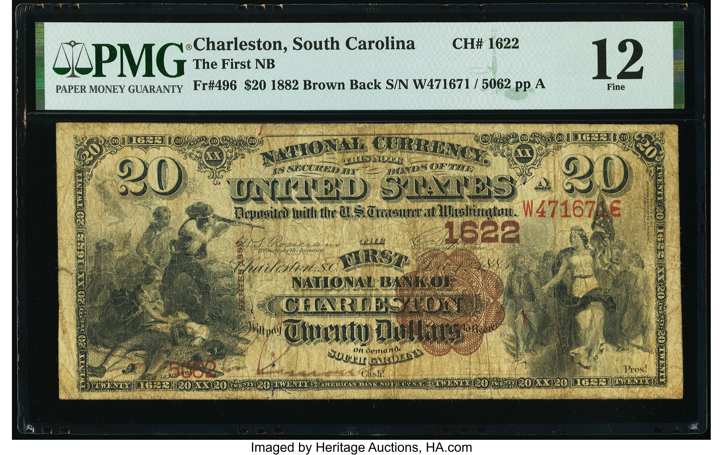 image for: Charleston, SC - $20 1882 Brown Back Fr. 496 The First National Bank Ch. # 1622 PMG Fine 12....