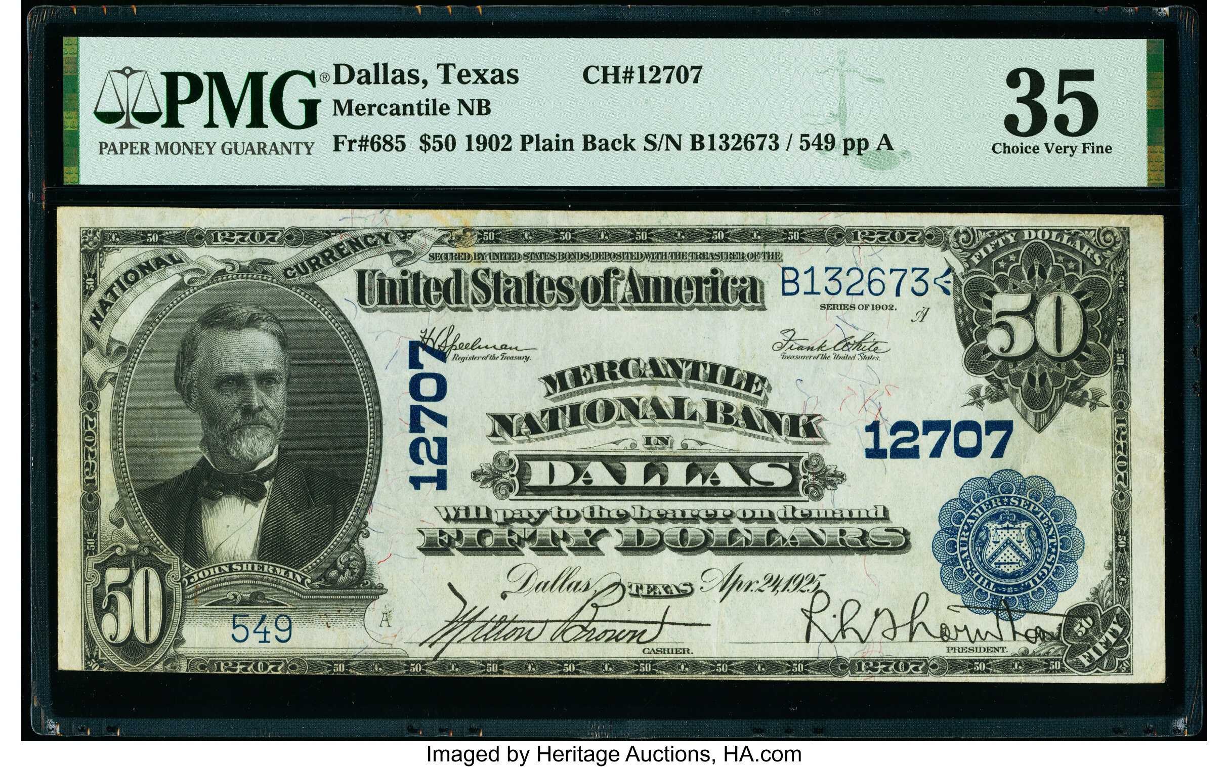 image for: Dallas, TX - $50 1902 Plain Back Fr. 685 The Mercantile National Bank Ch. # 12707 PMG Choice Very Fine 35....