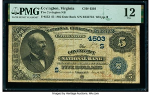 image for: Covington, VA - $5 1882 Date Back Fr. 532 The Covington National Bank Ch. # (S)4503 PMG Fine 12....