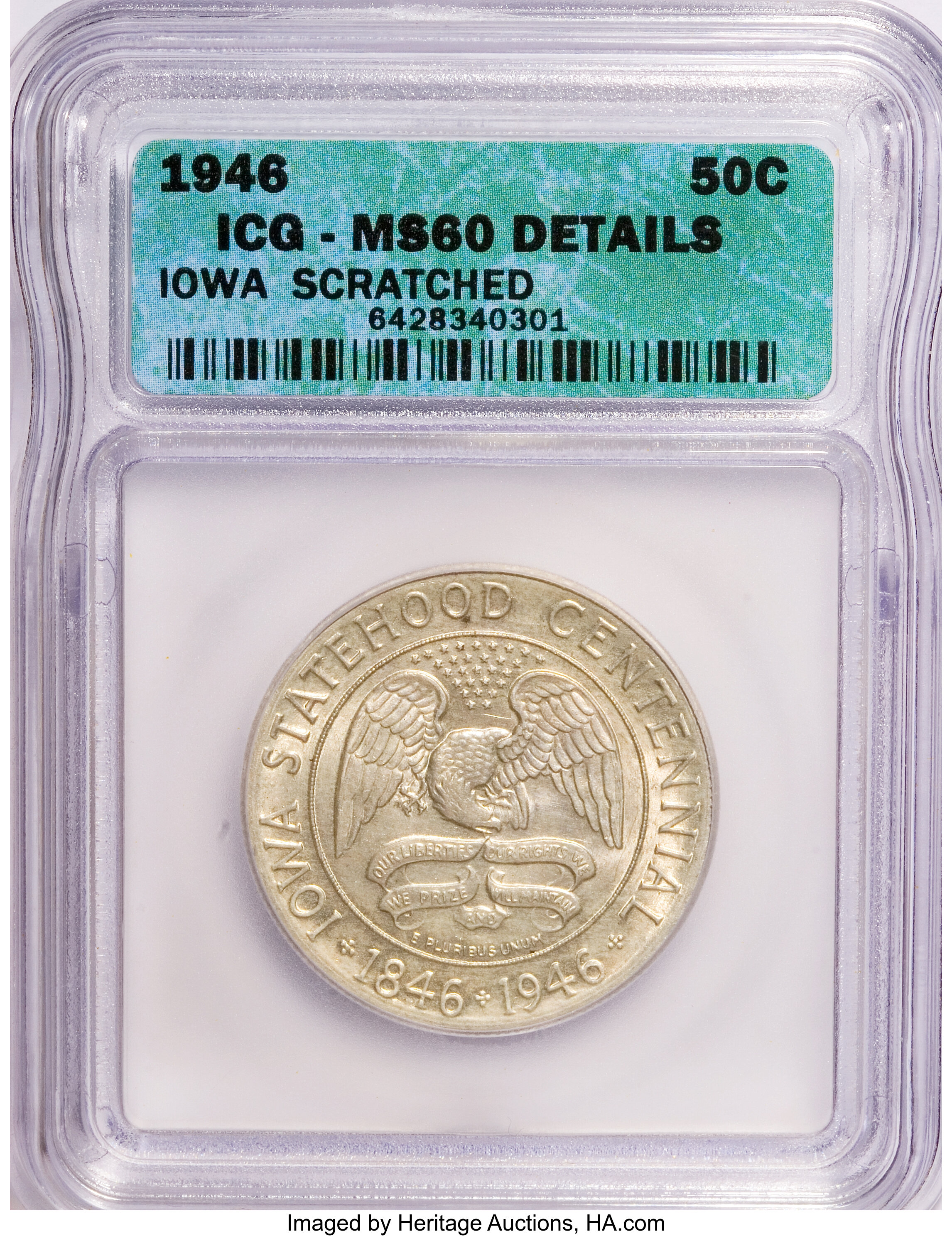 1946 50C Iowa--Scratched--ICG. MS60 Details. NGC Census: (0/5037). PCGS Population (3/8332). Mintage: 100,057. Numismedia W...