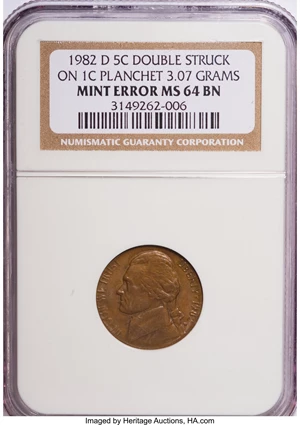 image for: 1982-D 5C Jefferson Nickel--Double Struck On Cent Planchet--MS64 Brown NGC. 3.07 Grams ...