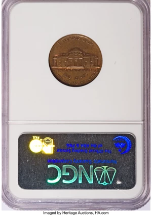 image for: 1982-D 5C Jefferson Nickel--Double Struck On Cent Planchet--MS64 Brown NGC. 3.07 Grams ...
