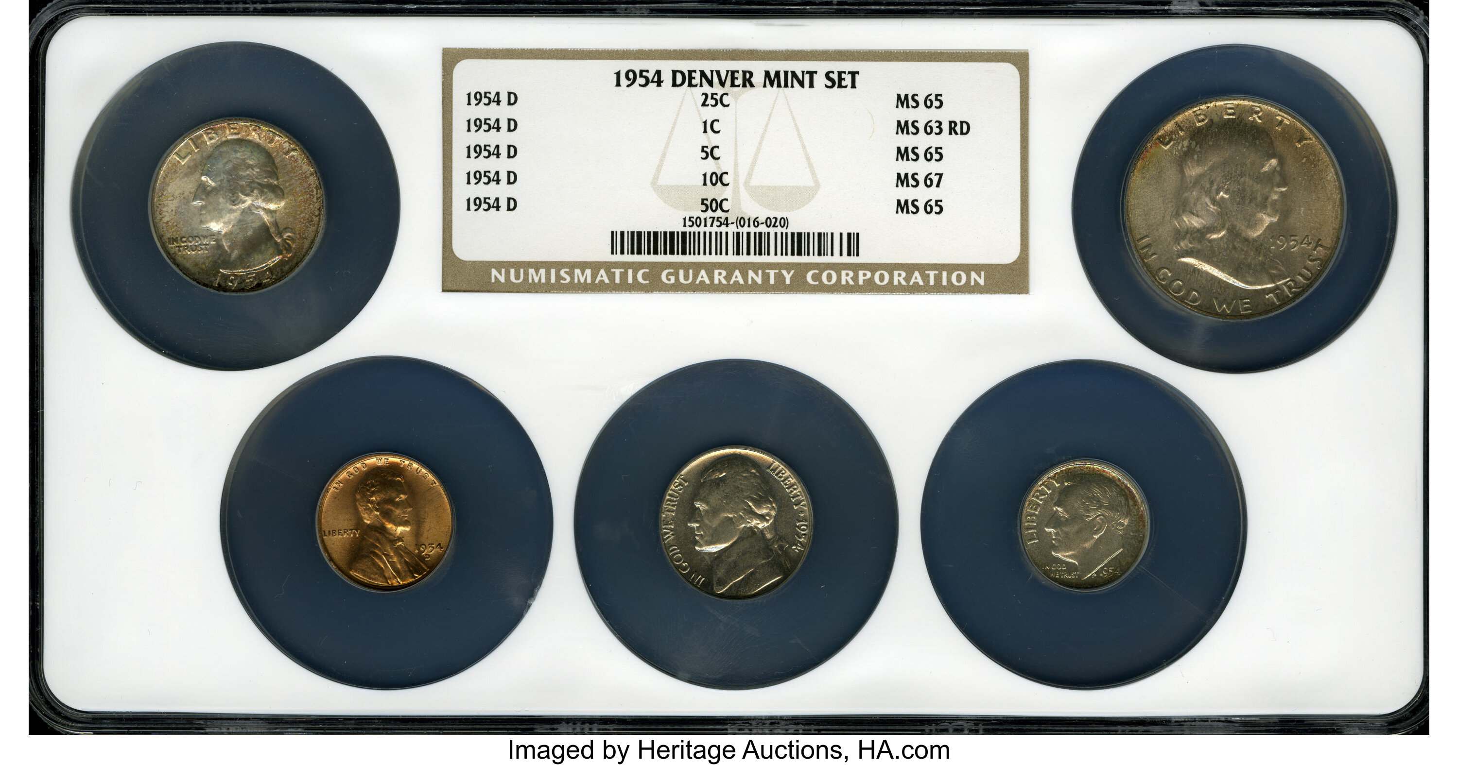 1954-D Mint Set Housed in a Single NGC Holder. 1954-D 1C MS63 Red; 1954-D 5C MS65; 1954-D 10C MS67; 1954-D 25C MS65 NGC; and... (Total: 5 coins)