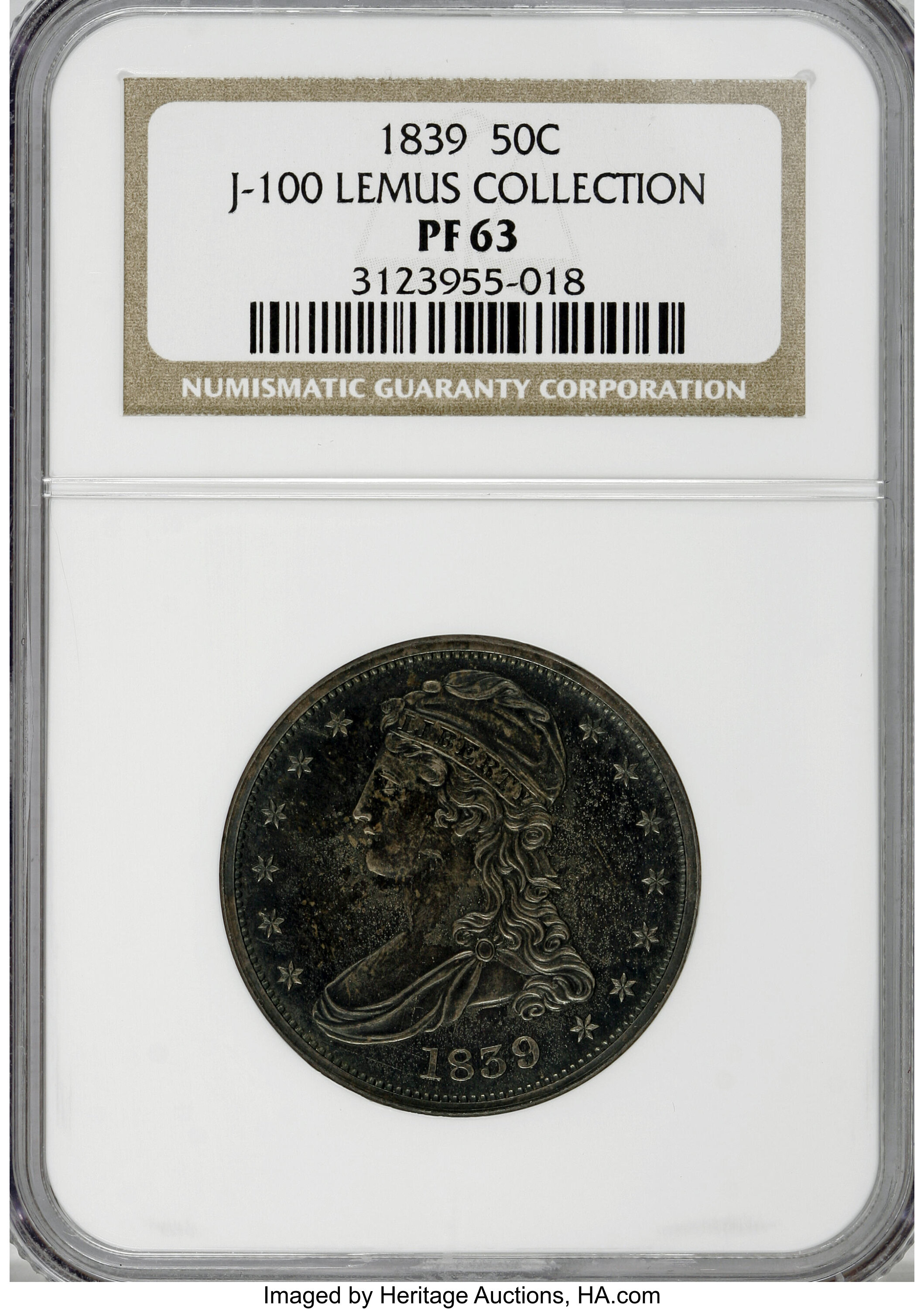 image for: 1839 P50C Capped Bust Half Dollar, Judd-100 Restrike, Pollock-110, R.8, PR63 NGC....