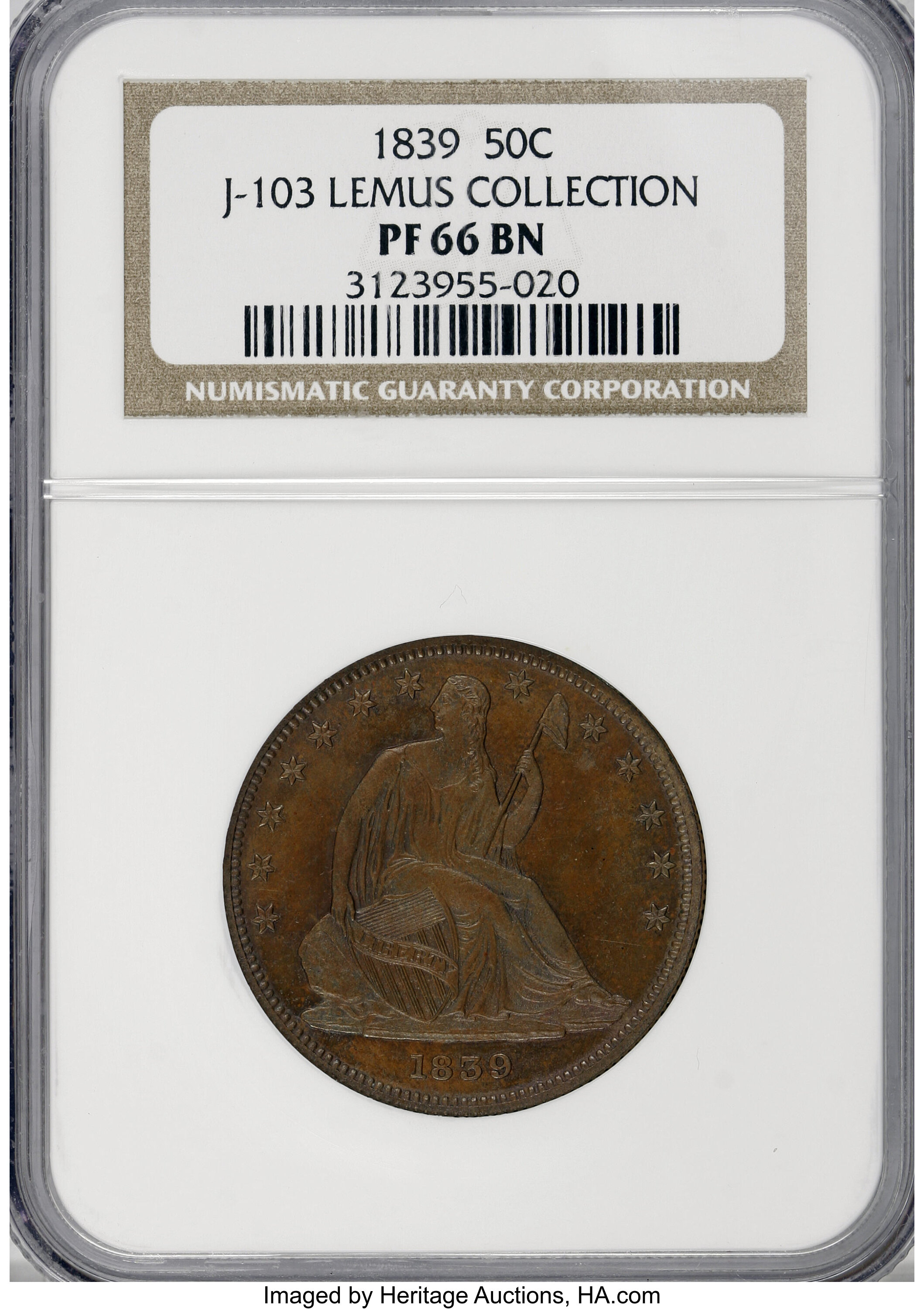 image for: 1839 P50C Half Dollar, Judd-103 Restrike, Pollock-115, R.8, PR66 Brown NGC....