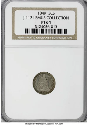 image for: 1849 P3CS Three Cent Silver, Judd-112 Original, Pollock-126, Low R.7, PR64 NGC....