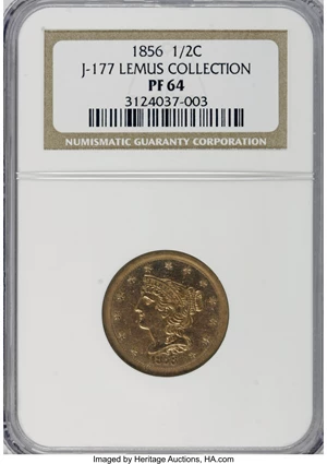 image for: 1856 E1/2C Half Cent, Judd-177, Pollock-205, R.5, PR64 NGC....