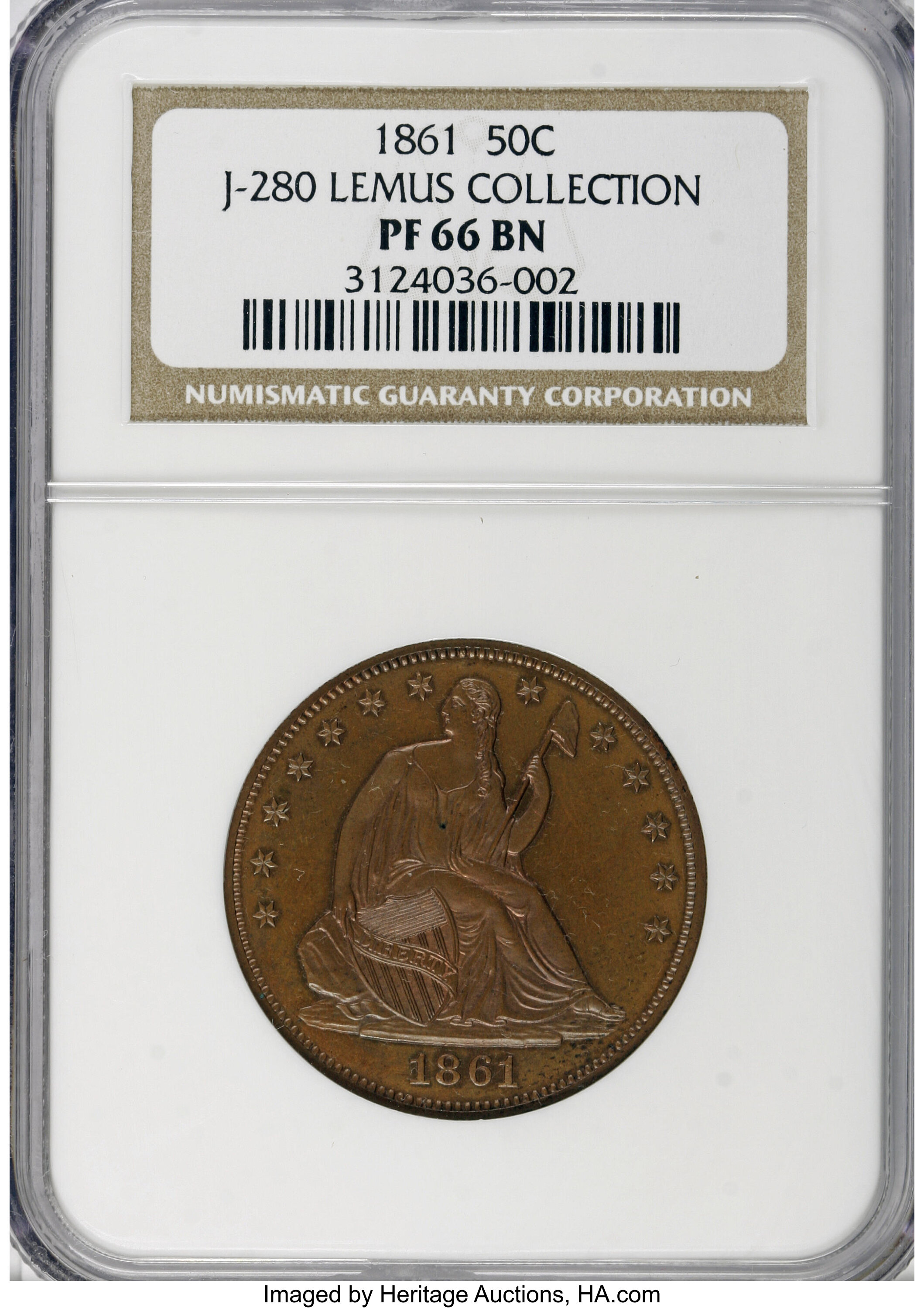 image for: 1861 P50C Half Dollar, Judd-280, Pollock-331, Low R.7, PR66 Brown NGC....