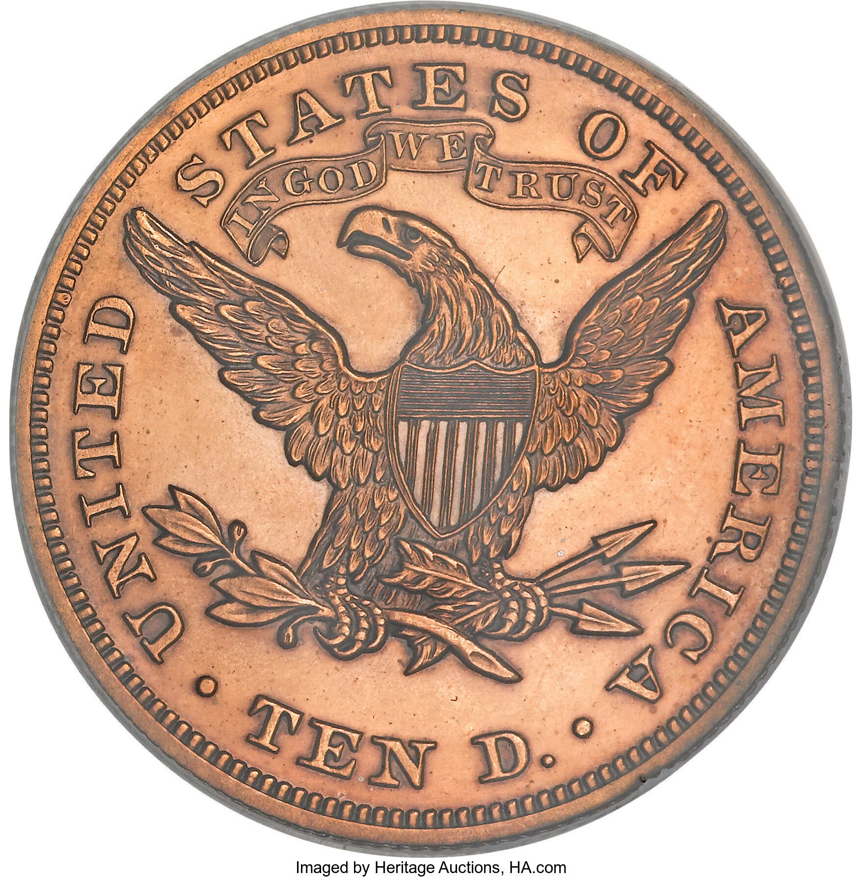 image for: 1865 $10 Ten Dollar, Judd-450, Pollock-522, High R.6--Improperly Cleaned--NCS. Proof....