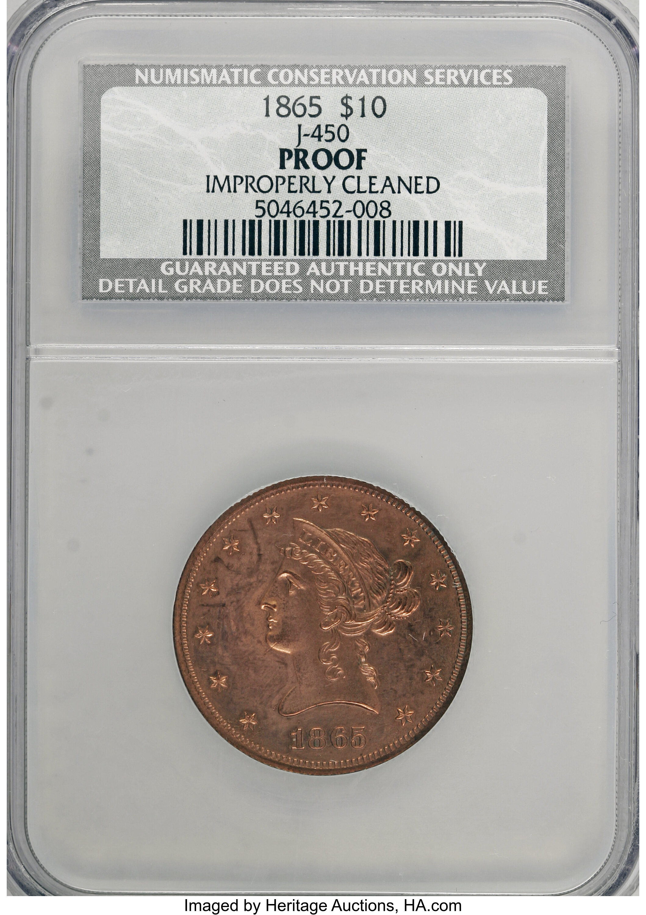 image for: 1865 $10 Ten Dollar, Judd-450, Pollock-522, High R.6--Improperly Cleaned--NCS. Proof....