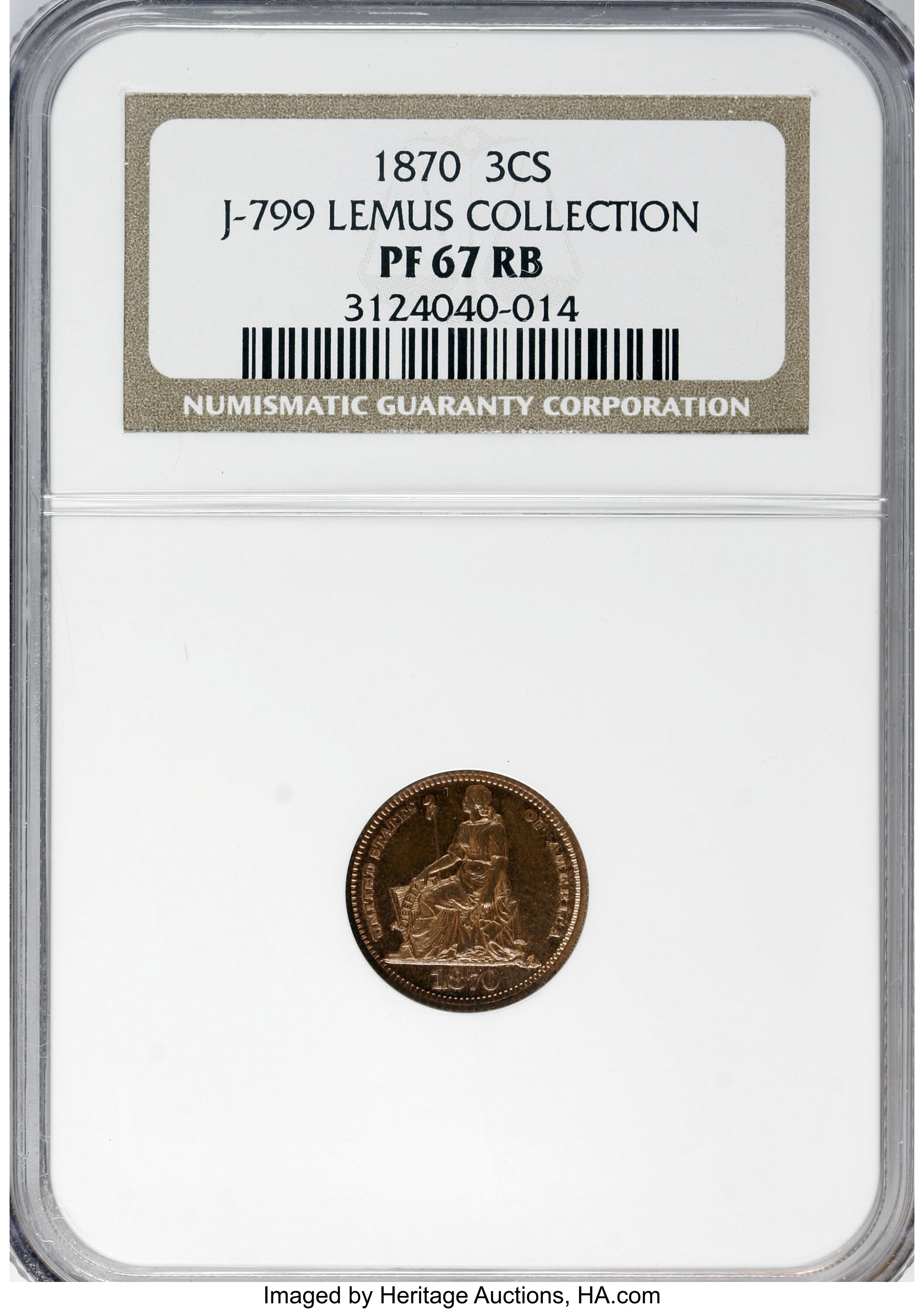image for: 1870 3C Three Cent Silver, Judd-799, Pollock-886, Low R.7, PR67 Red and Brown NGC....
