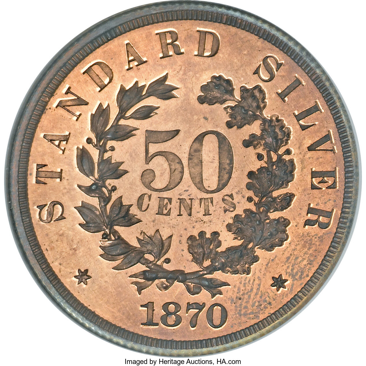 image for: 1870 50C Standard Silver Half Dollar, Judd-971, Pollock-1082, High R.7, PR65 Red NGC....