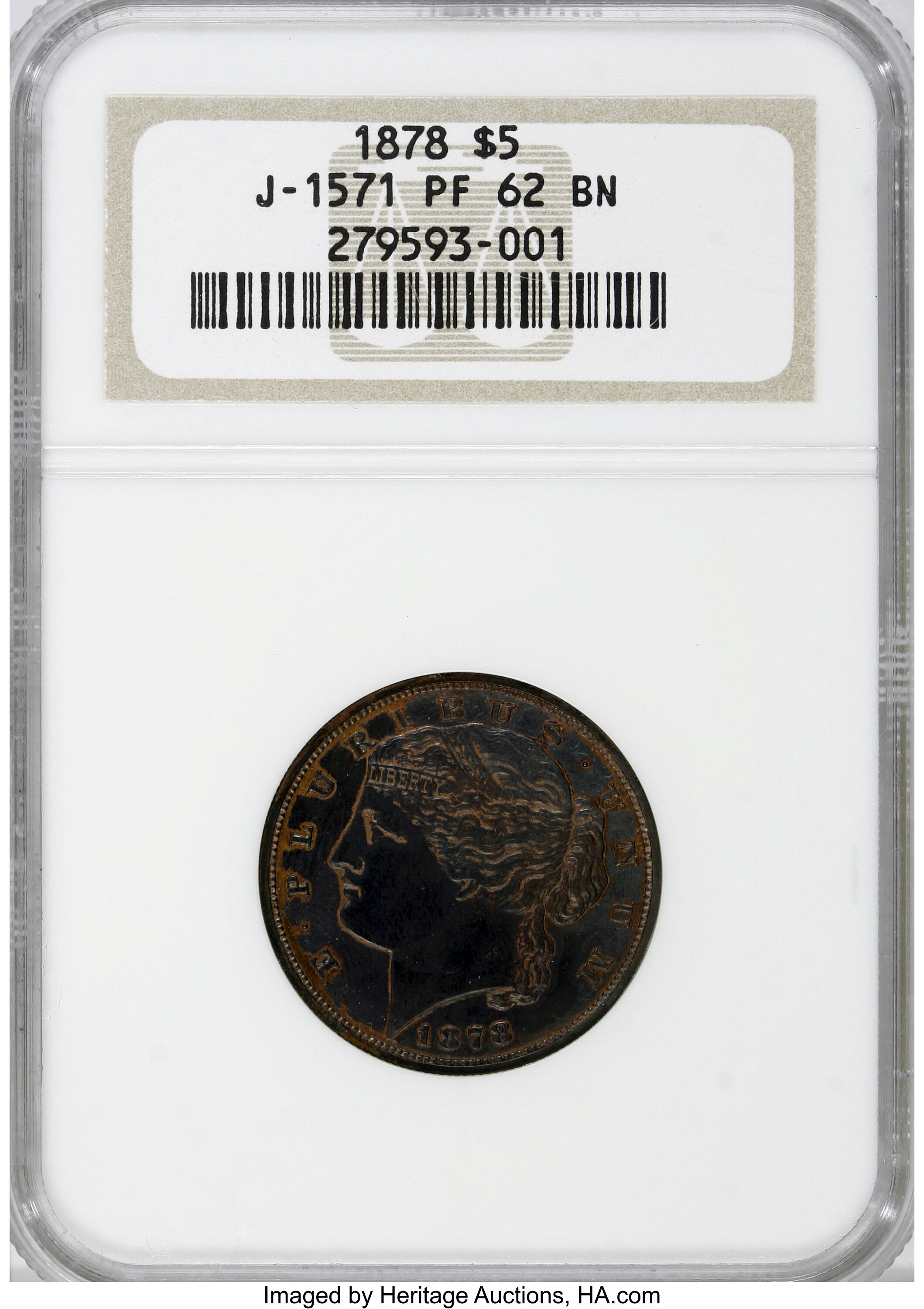image for: 1878 $5 Five Dollar, Judd-1571, Pollock-1765, Low R.7, PR62 Brown NGC....