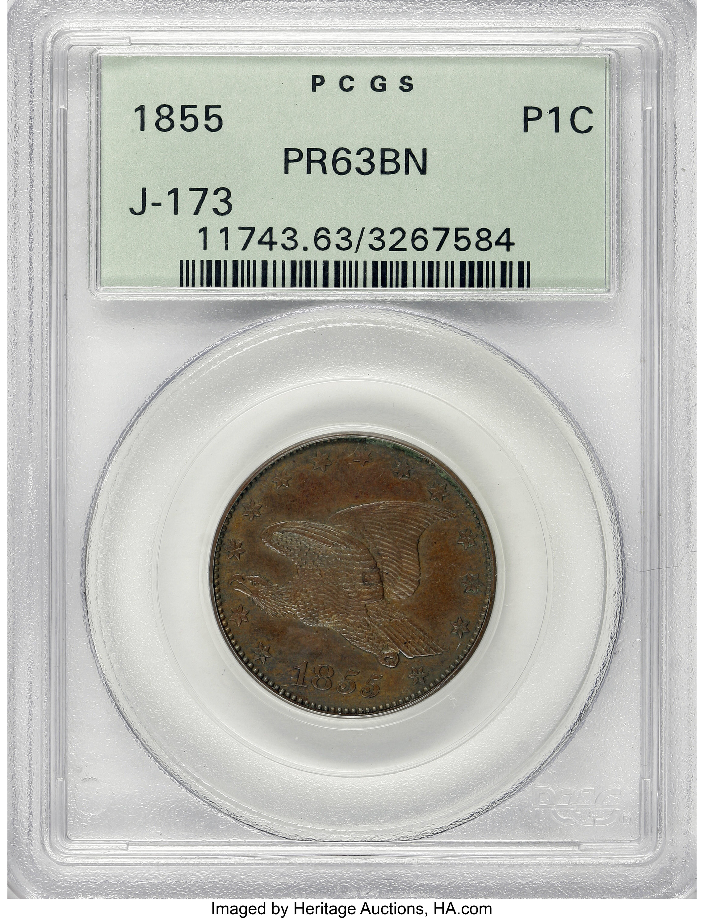 image for: 1855 P1C Flying Eagle Cent, Judd-173, Pollock-198, Low R.7, PR63 Brown PCGS....