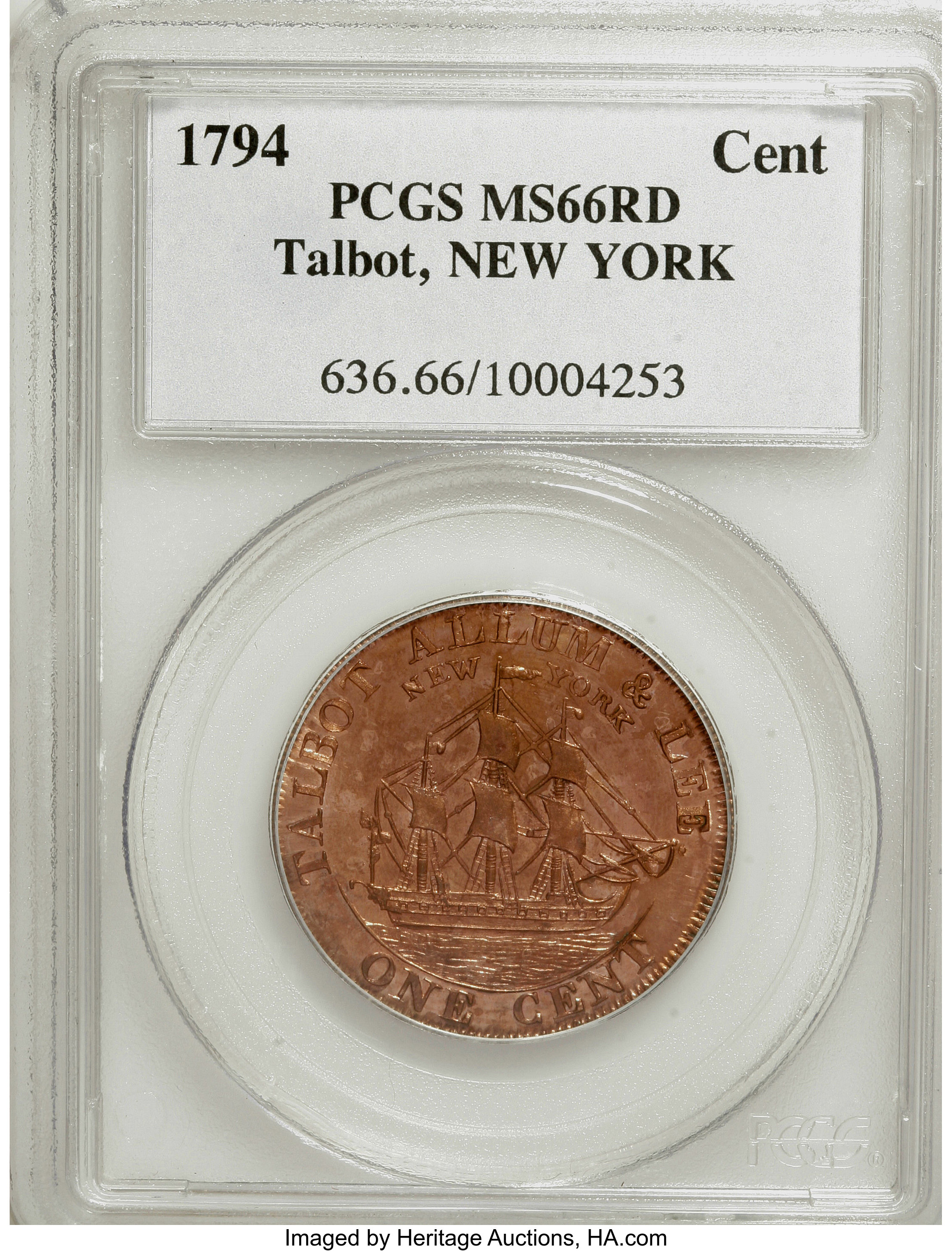 image for: 1794 1C Talbot, Allum & Lee Cent, NEW YORK MS66 Red PCGS....