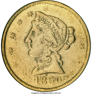 image for: 1850 $5 Baldwin Five Dollar--Improperly Cleaned--NCS. AU Details....