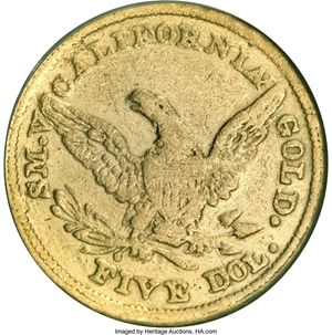 image for: 1850 $5 Baldwin Five Dollar--Improperly Cleaned--NCS. AU Details....