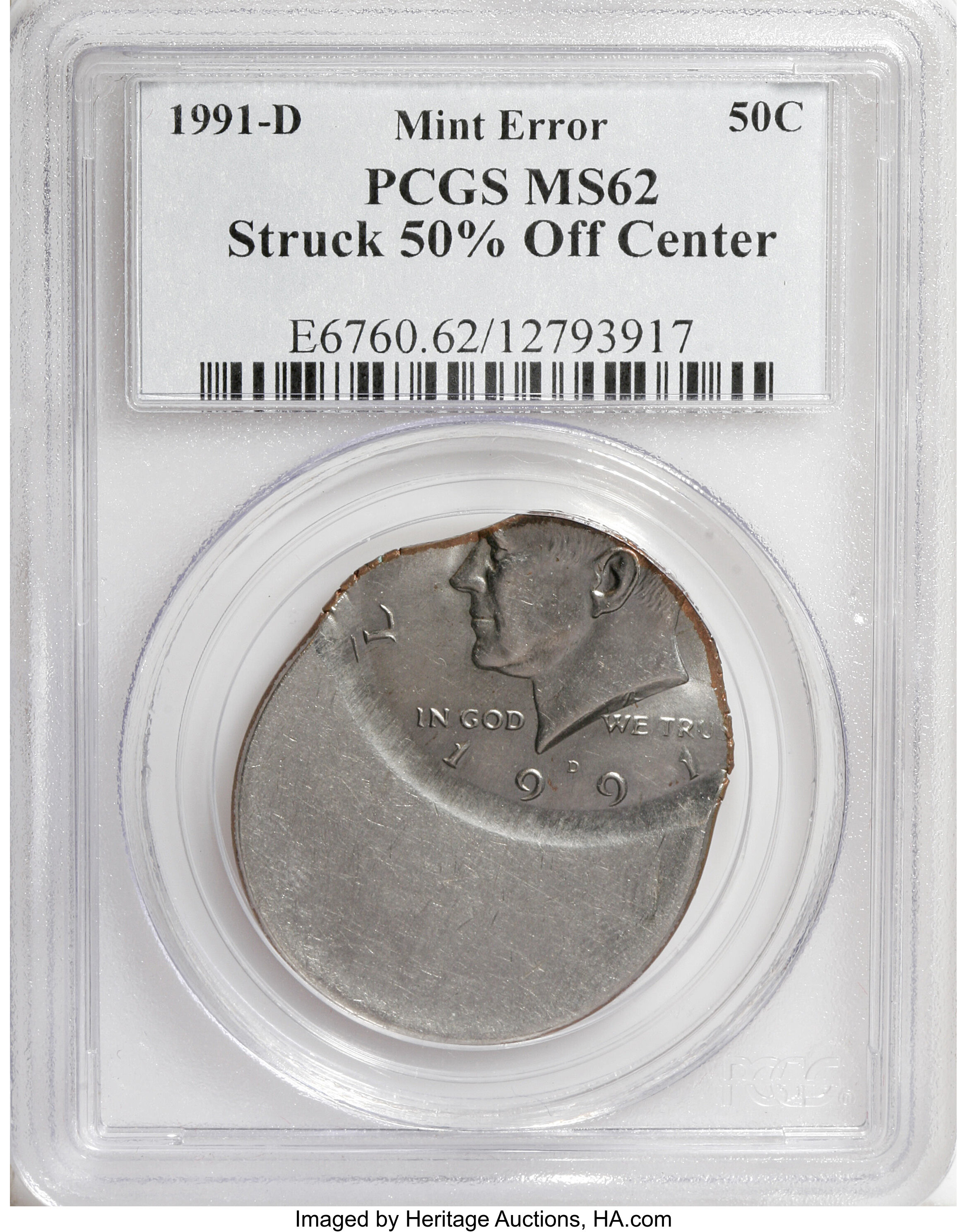 image for: 1991-D 50C Kennedy Half--Struck 50% Off Center--MS62 PCGS....