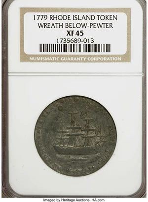image for: 1778-1779 TOKEN Rhode Island Ship Token, Wreath Below, Pewter XF45 NGC....