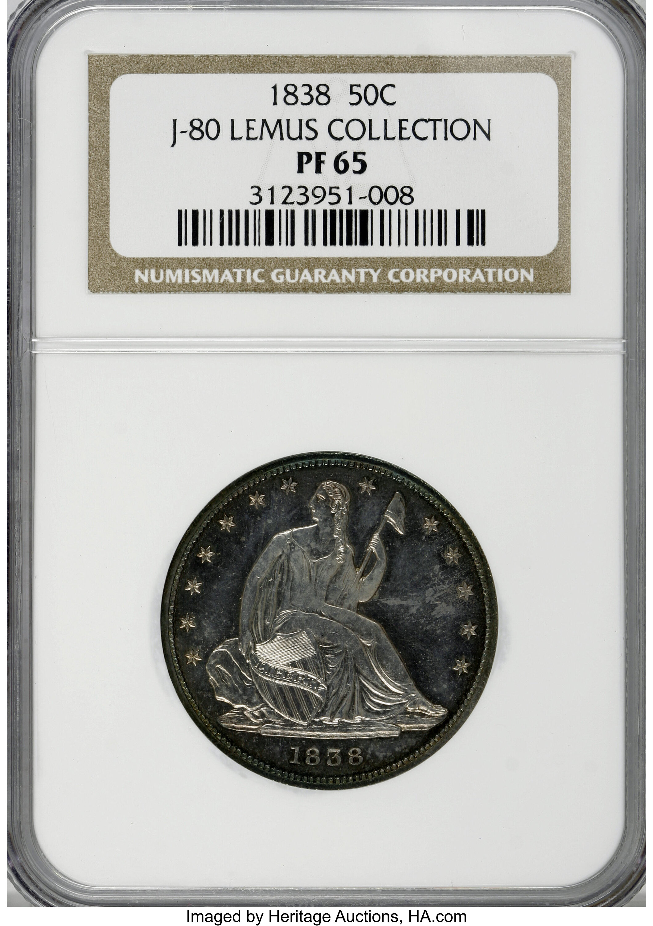 image for: 1838 P50C Seated Liberty Half Dollar, Judd-80 Restrike, Pollock-87, High R.7, PR65 NGC....