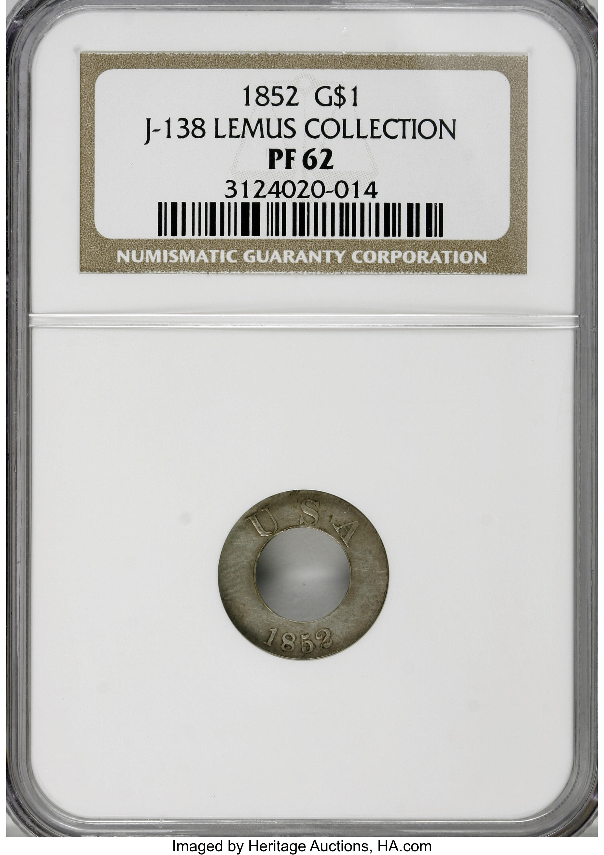 image for: 1852 PG$1 Gold Dollar, Judd-138 Thin, Pollock-165, Low R.7, PR62 NGC....